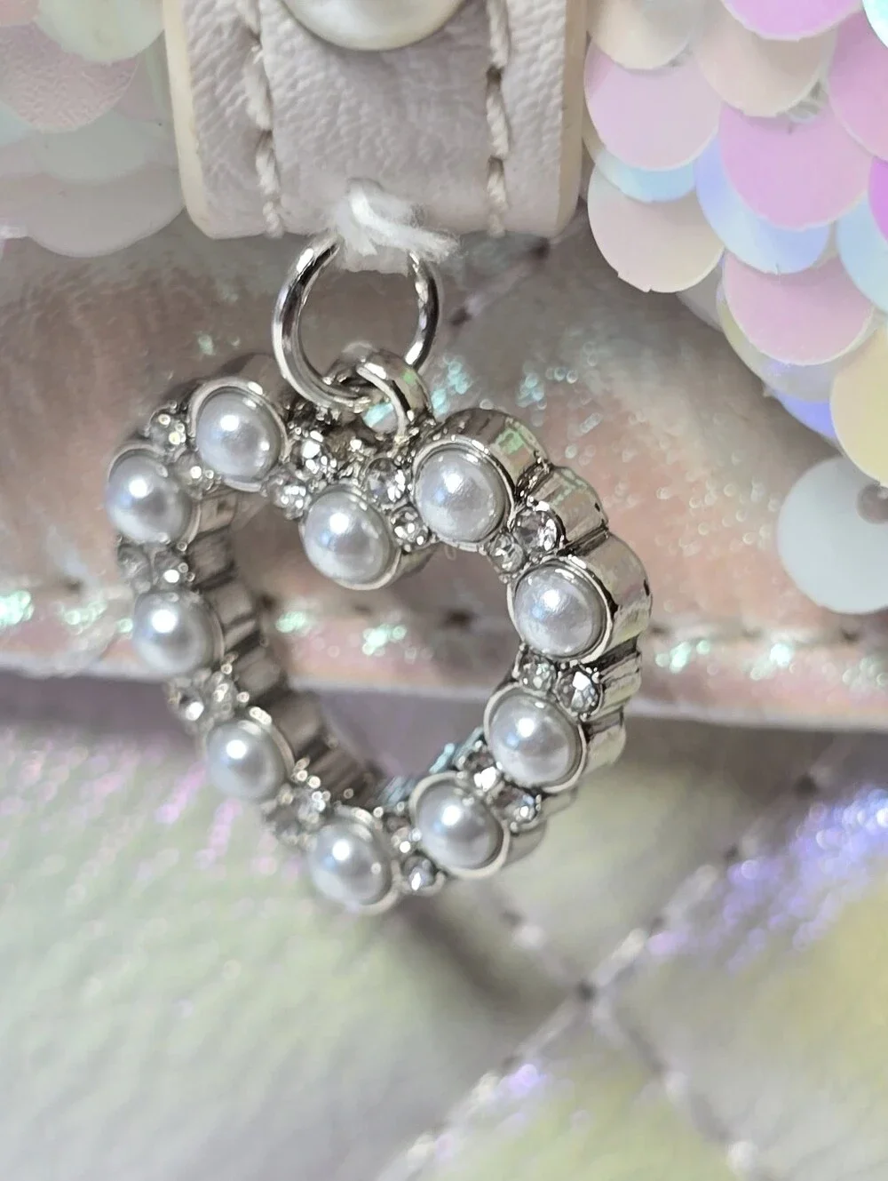 NWT OMG Accessories White Pearlescent Sequin Bow Bling Ring Handle Crossbod Bag